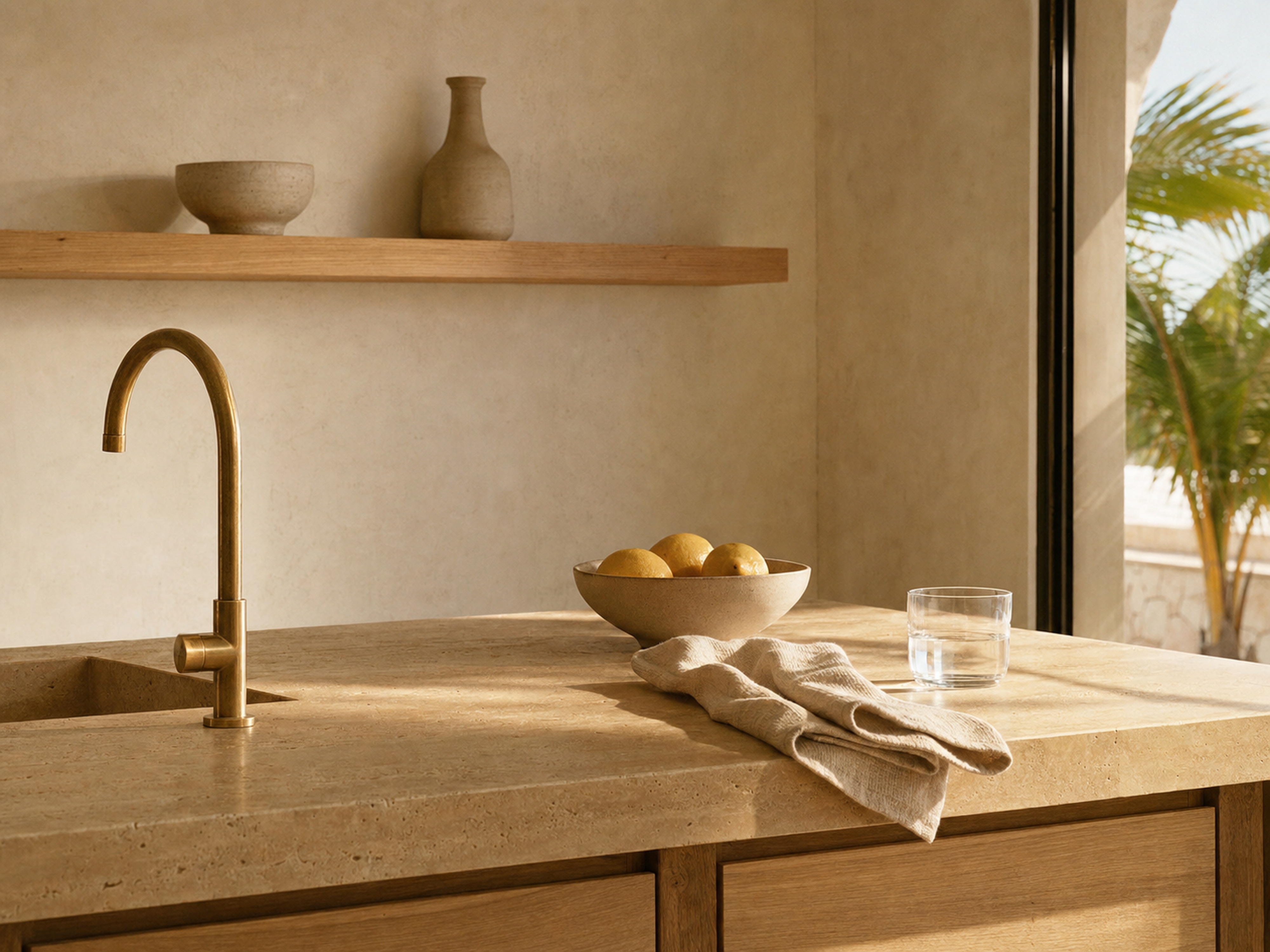 Kitchen detail with brass tap and stone counter