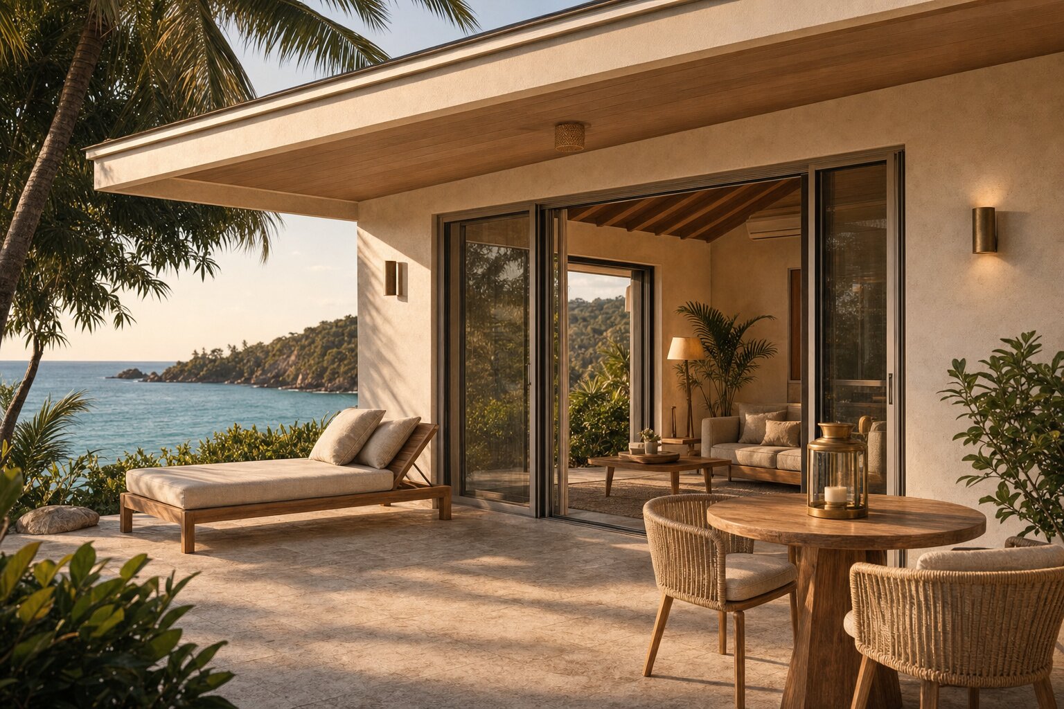 One-bedroom private terrace at golden hour with day-bed and dining table
