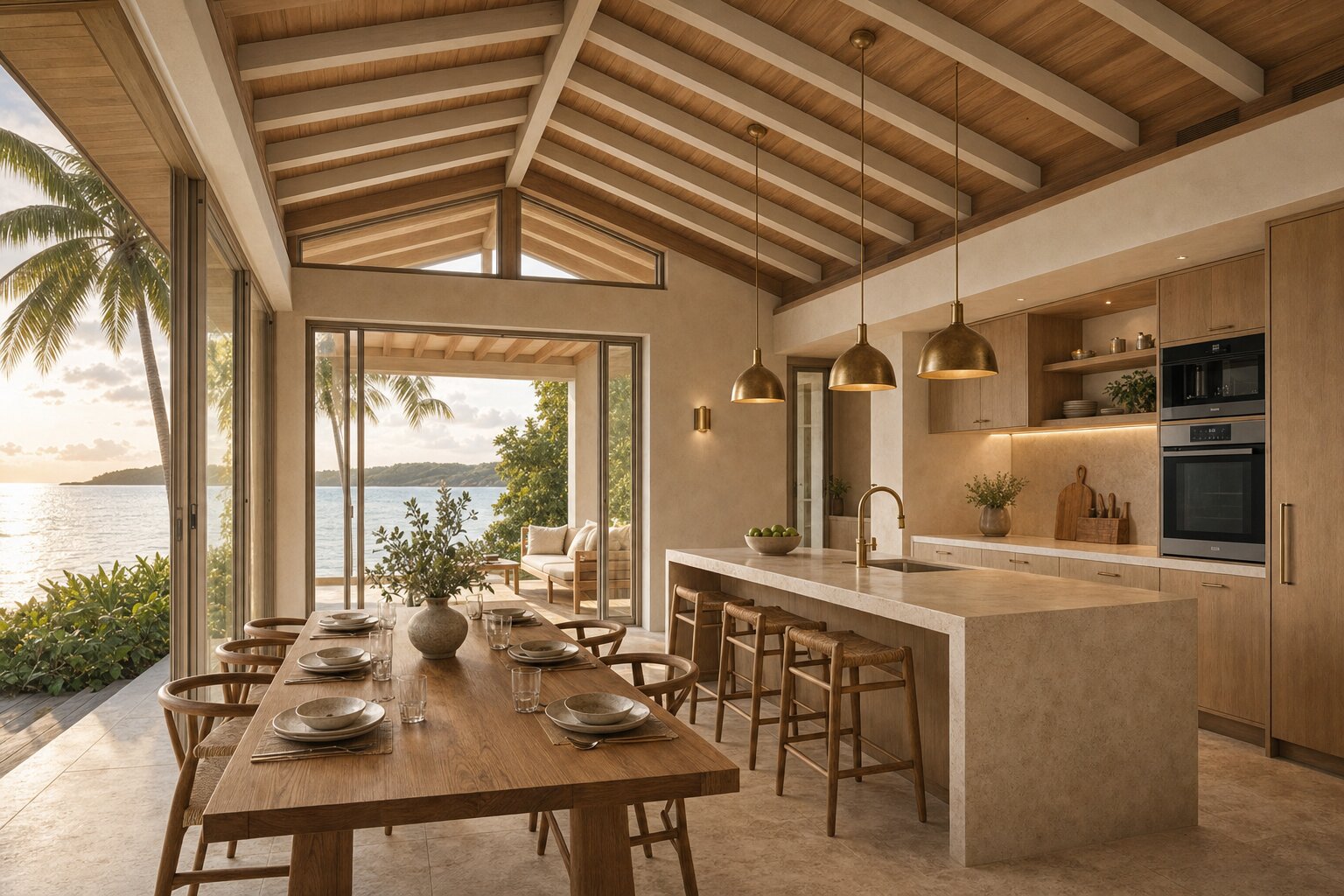 Two-bedroom kitchen and dining area with stone island and oak table