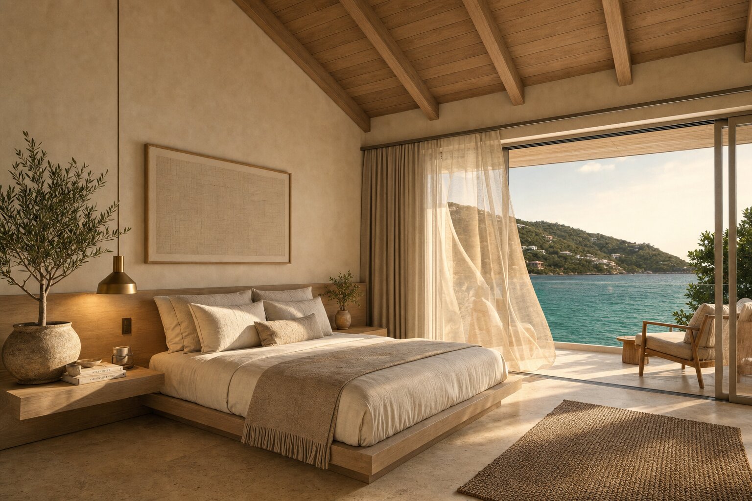 Three-bedroom primary suite with pitched ceiling and sea view