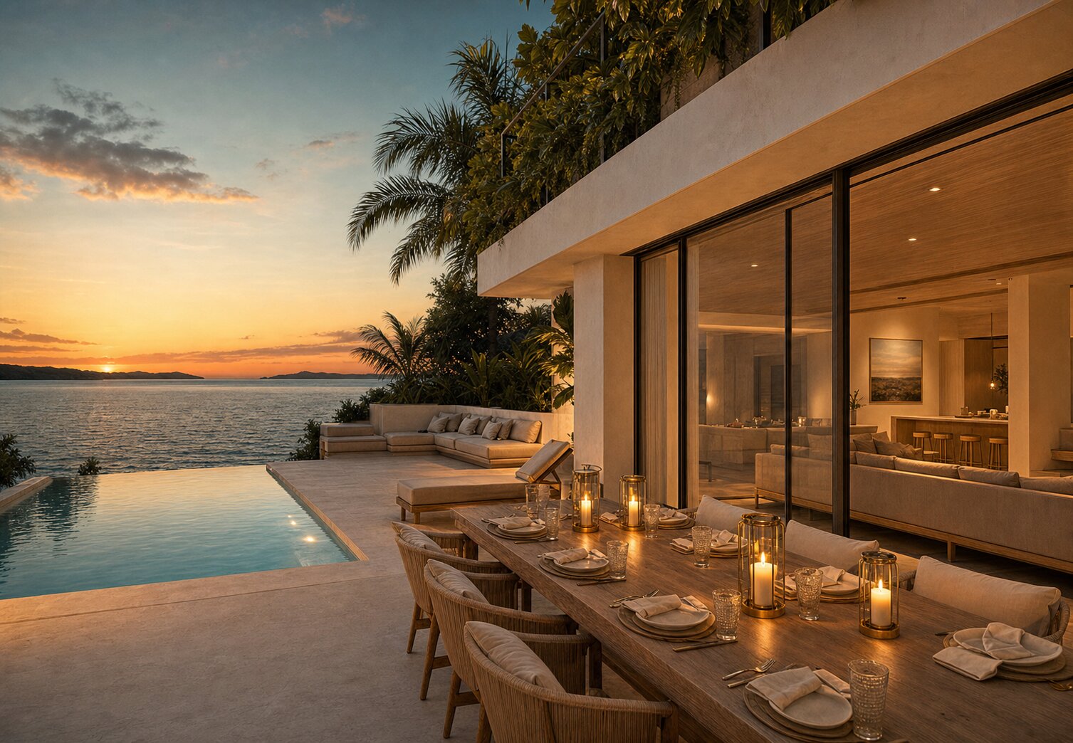 Three-bedroom terrace with plunge pool and outdoor dining at sunset