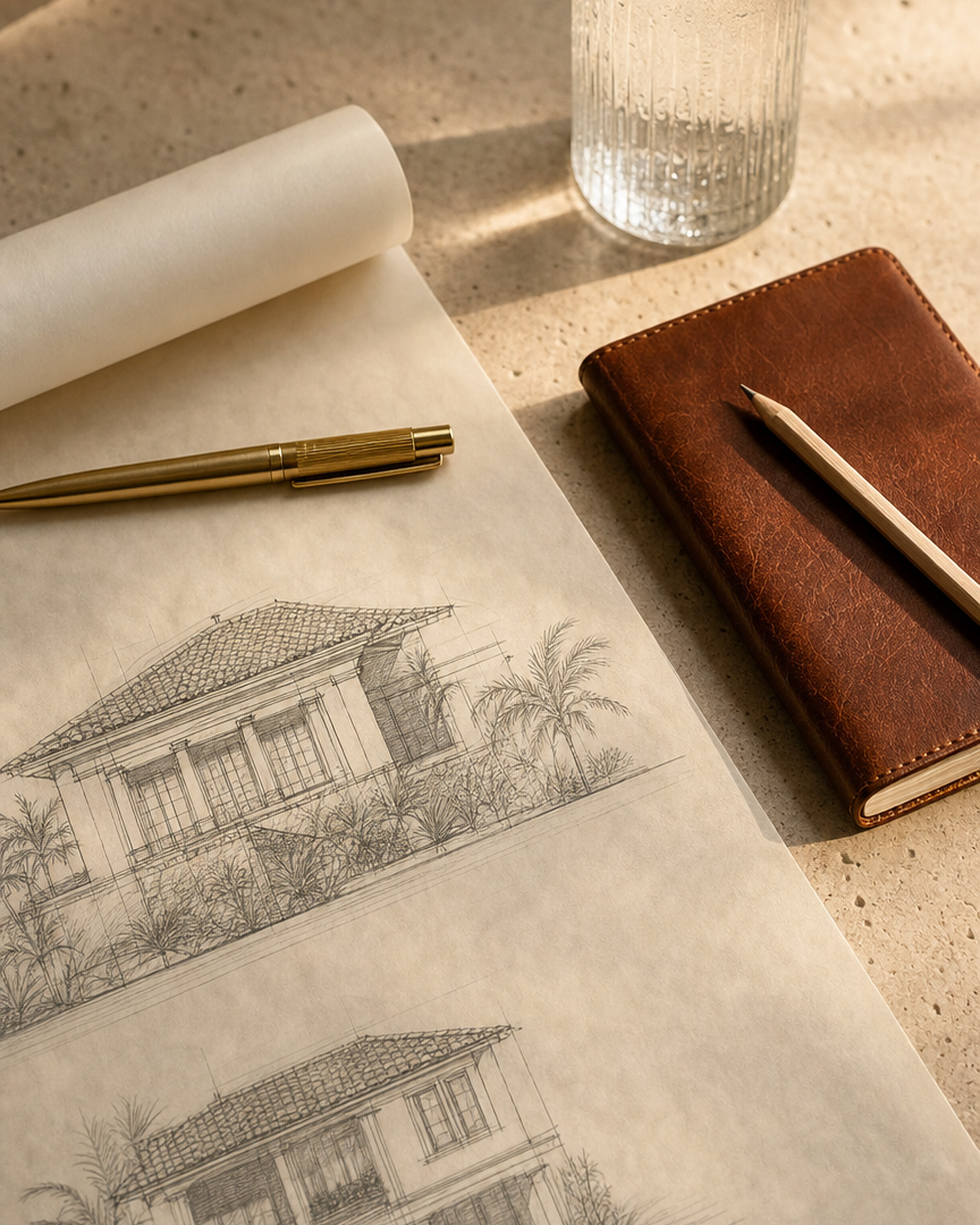 Architectural elevation drawing on warm stone with brass pen and leather notebook
