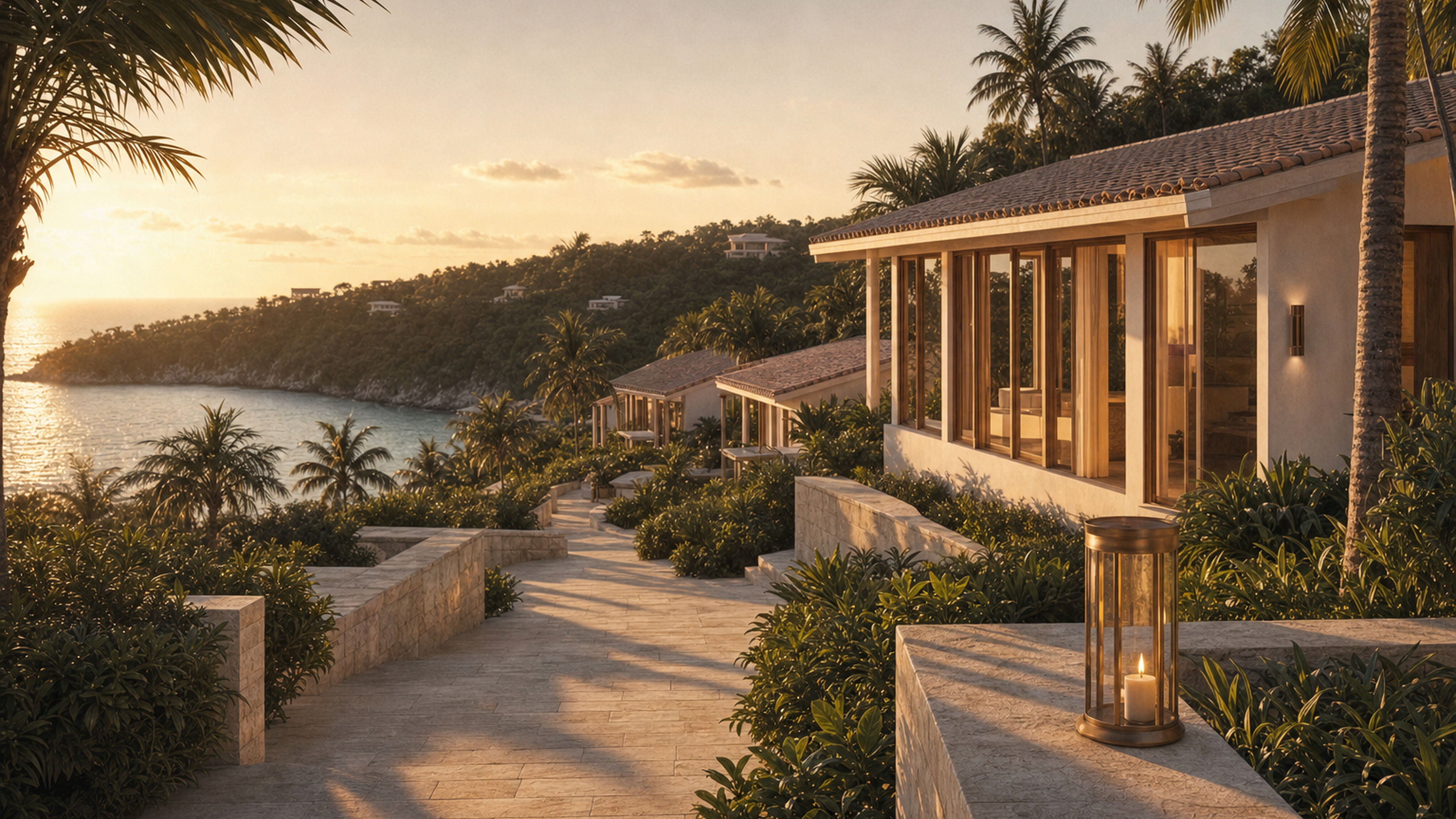 La Mer Estate at golden hour from the cream stone path