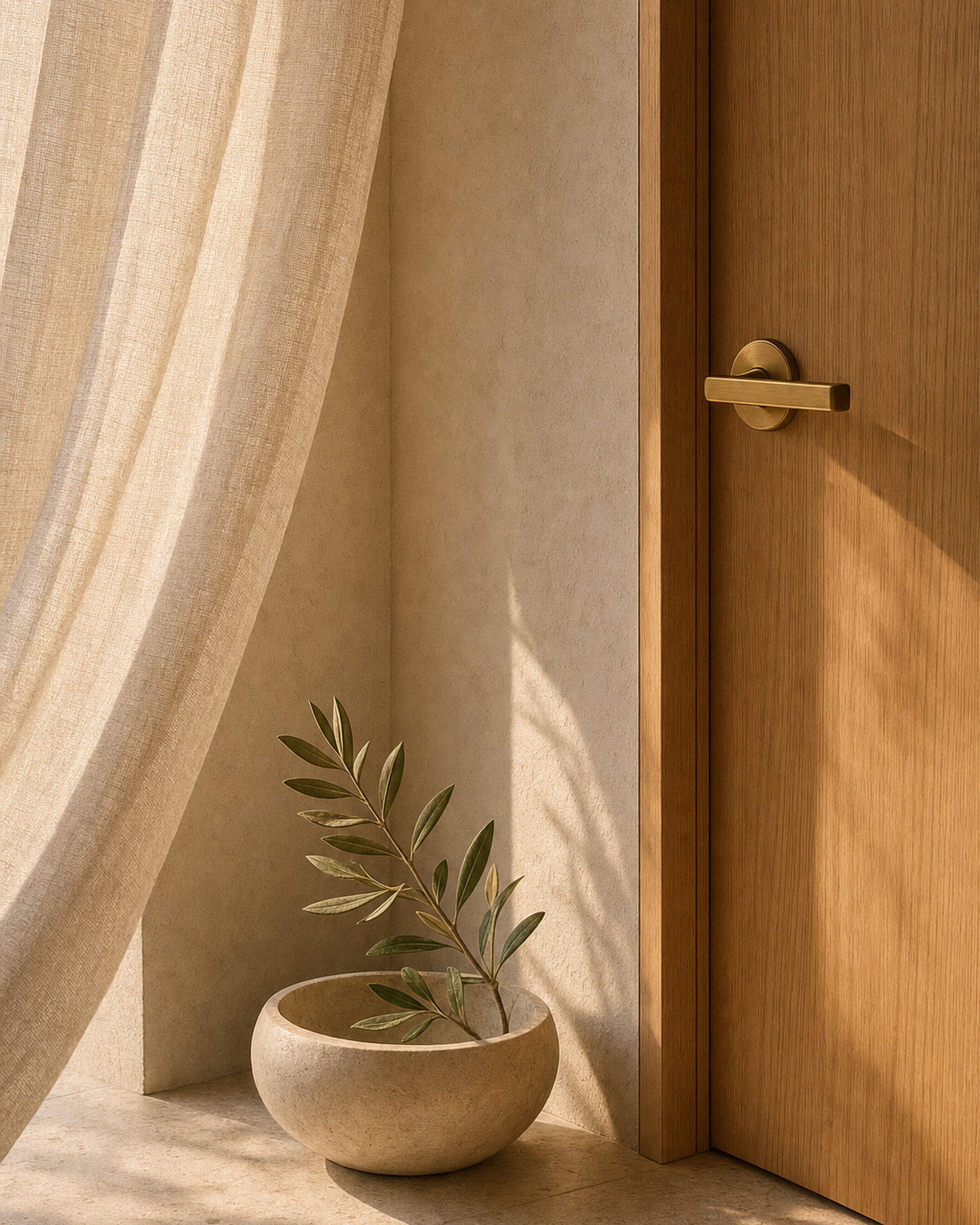 Quiet architectural still life — linen curtain, brass detail, oak door, olive branch in a stone bowl