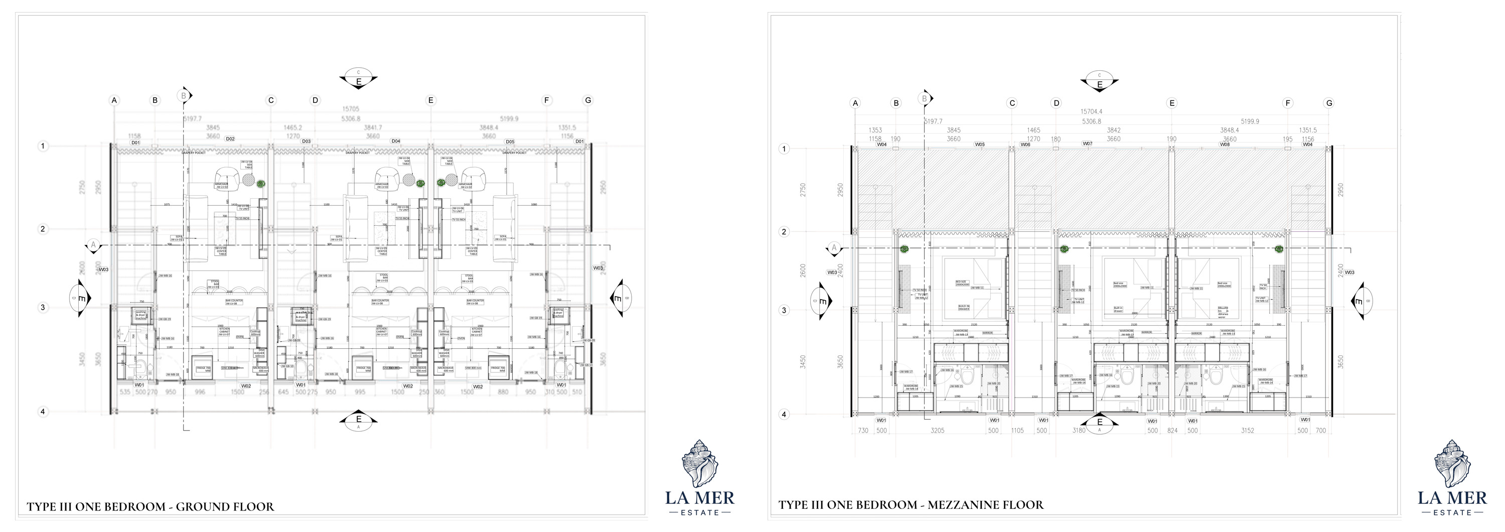 OBMI architectural floor plan — One-Bedroom Townhouse, ground floor and mezzanine