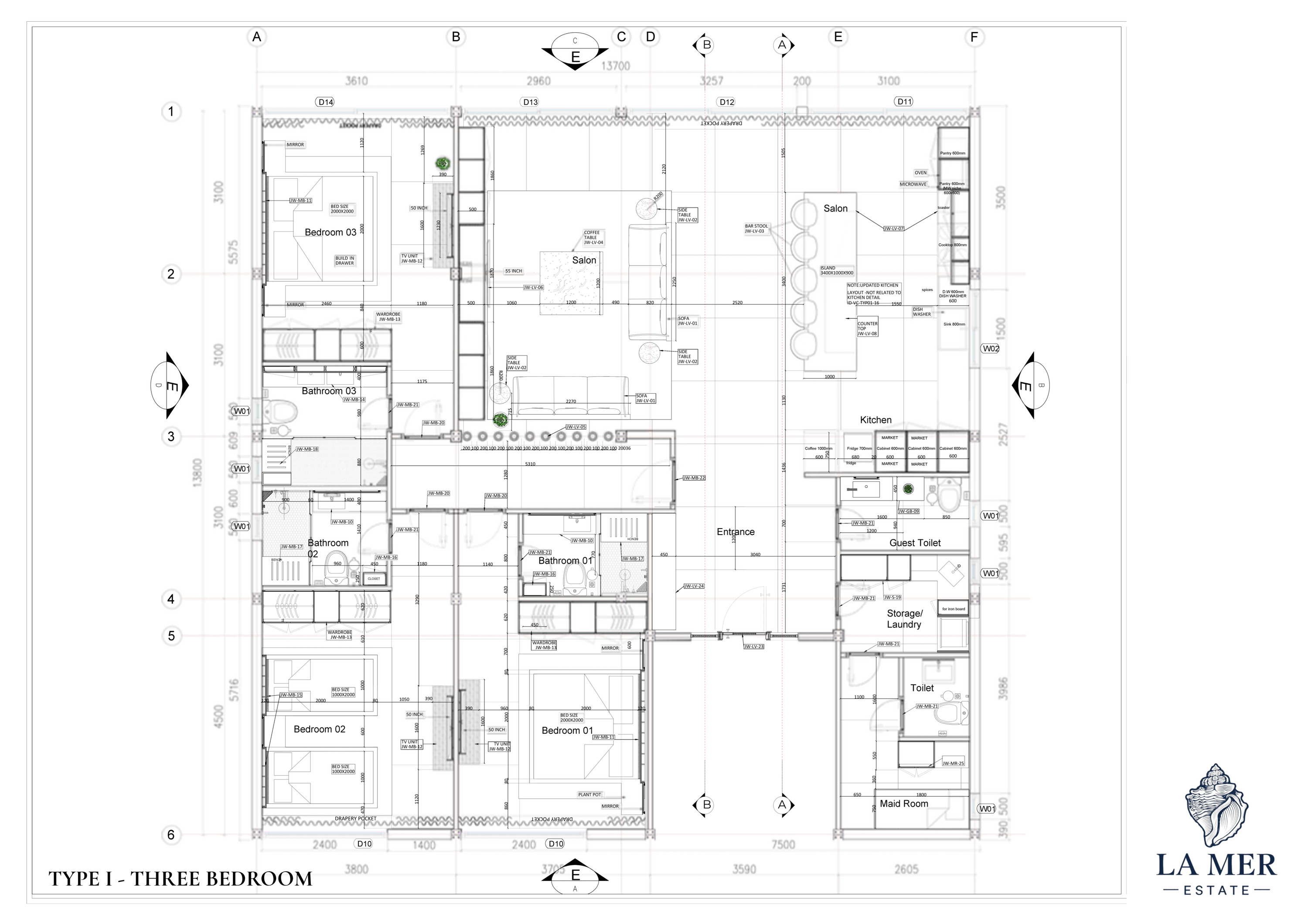 OBMI architectural floor plan — Three-Bedroom Villa, 192 sqm with private and communal wings