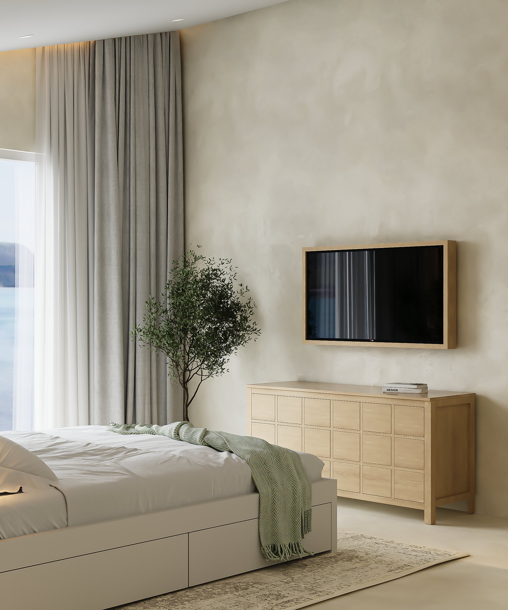 One-bedroom ensuite bedroom with plaster wall and olive tree