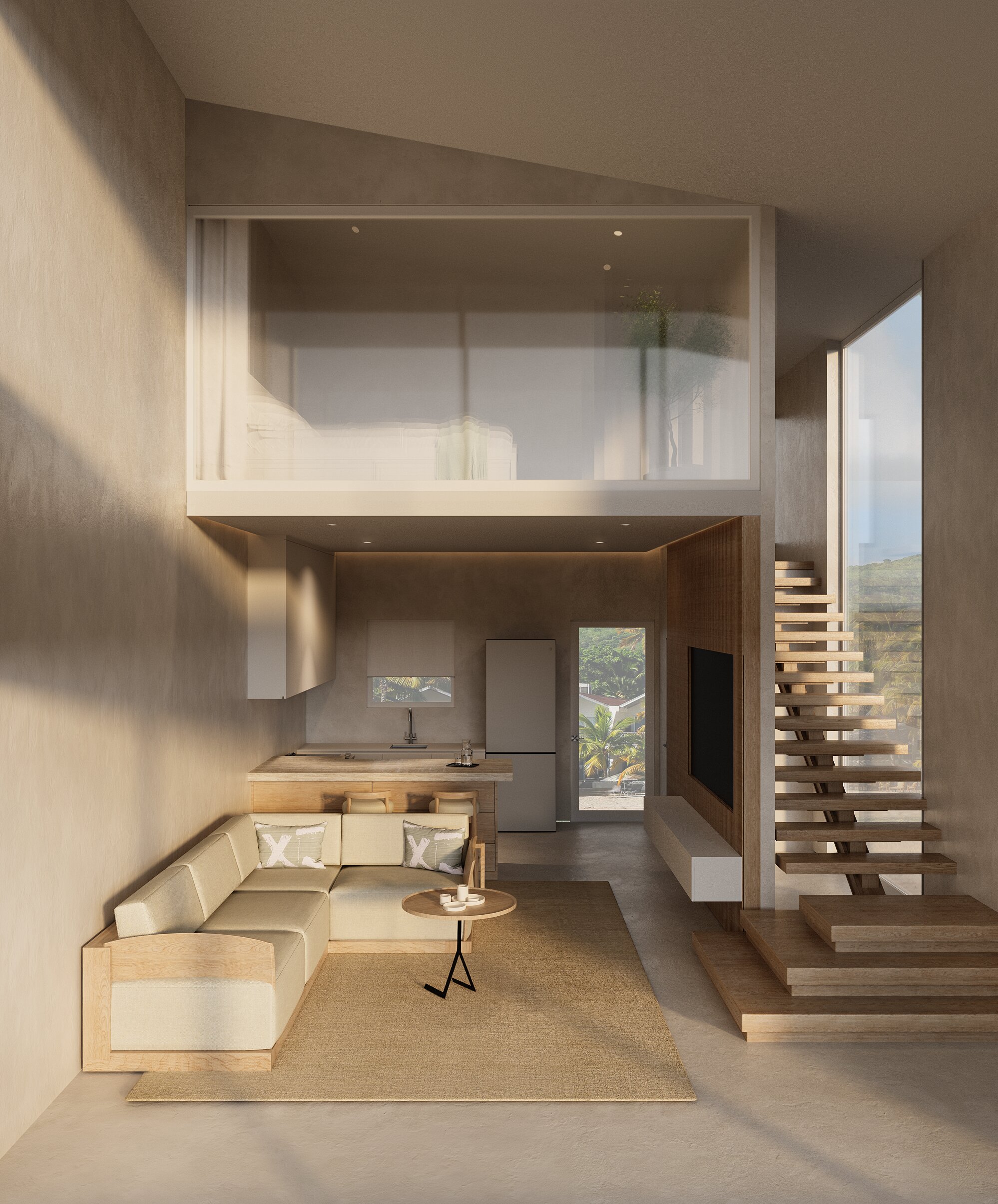One-bedroom open-plan living with mezzanine and kitchen