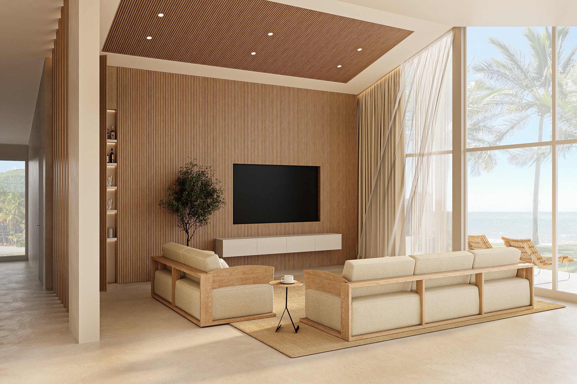 Two-bedroom great room with wood-slat wall and terrace beyond