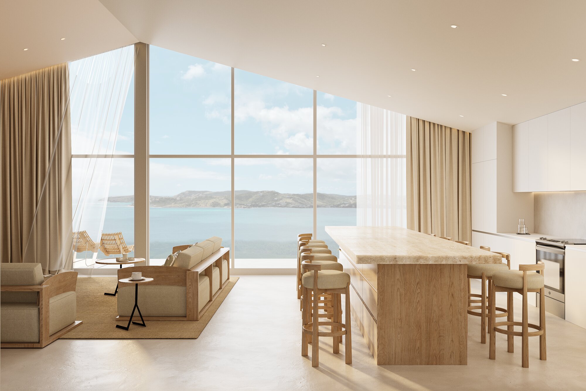 Three-bedroom great room with open kitchen and full-height glazing to the bay