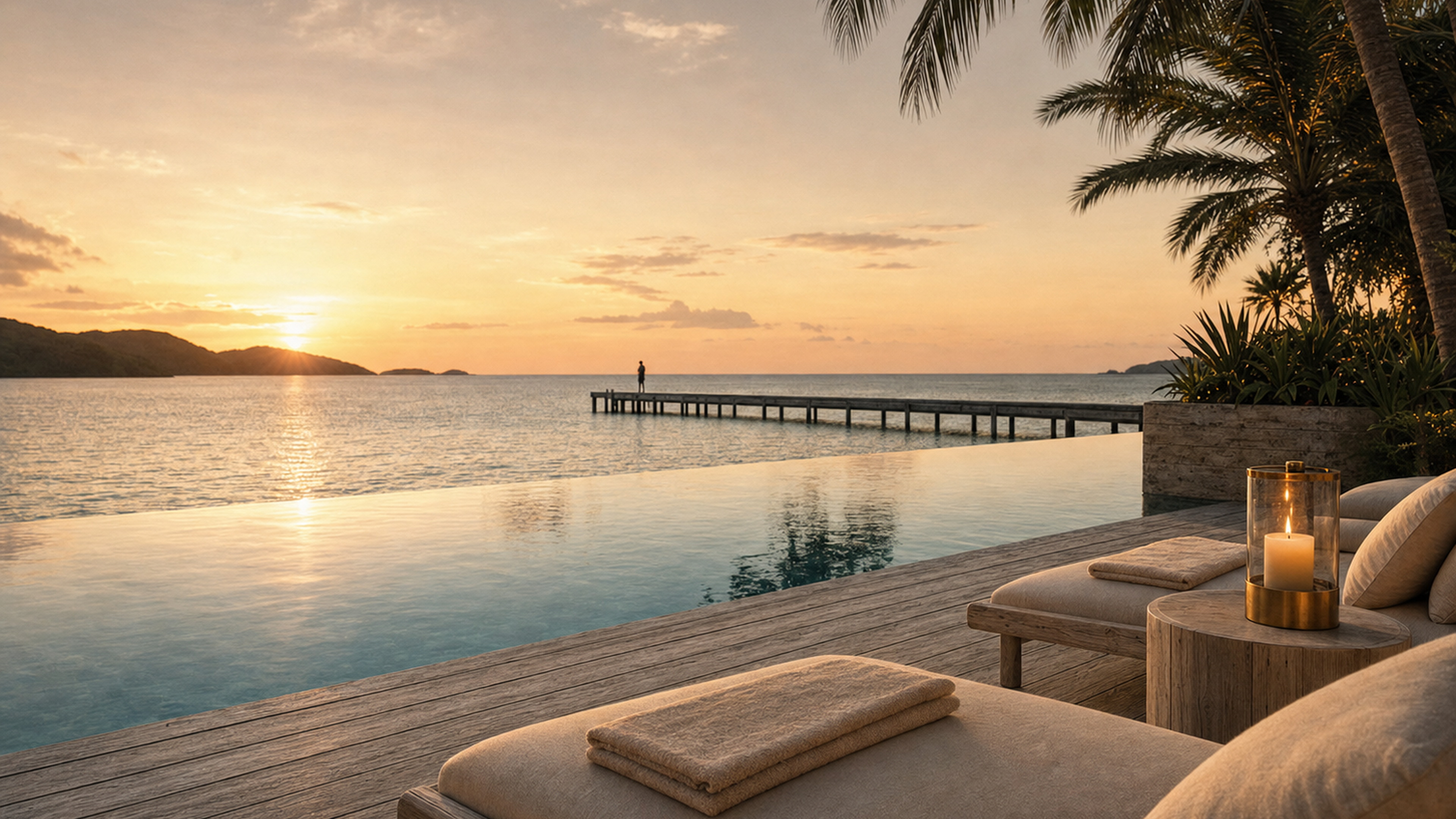 The amenity edge at golden hour — infinity pool, teak loungers, jetty in the distance