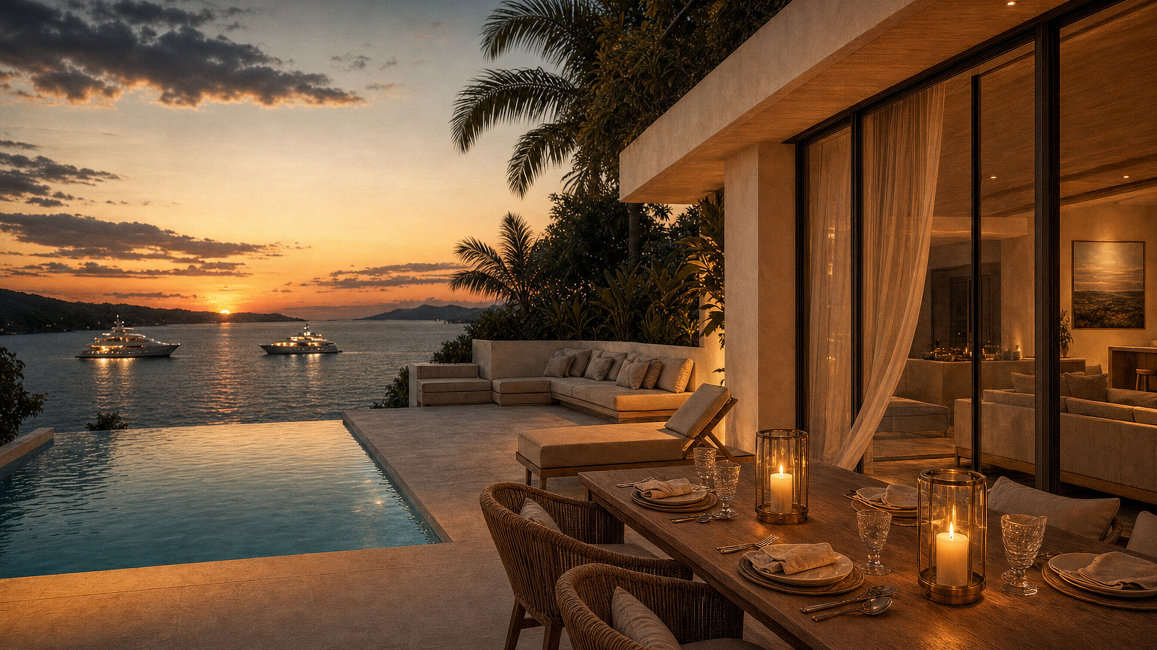 A La Mer terrace at deepest golden hour — interior lit through full-height glass, the bay calm beyond
