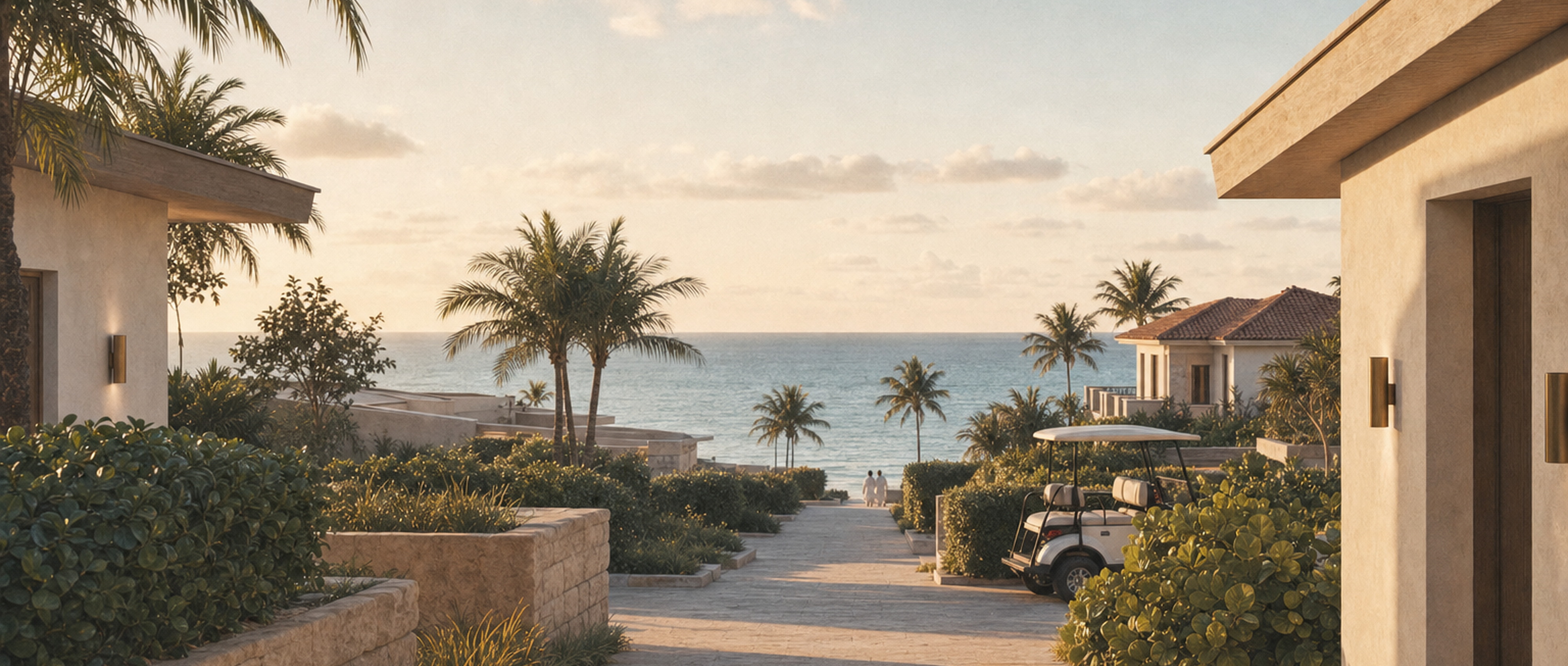 The estate at morning light — paths empty, gardens tended, the bay calm