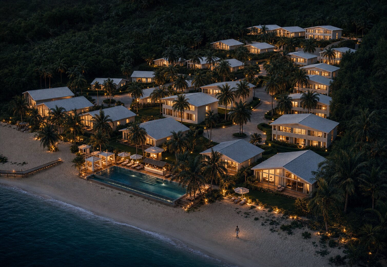 Aerial render of La Mer Estate showing the cluster of villas at Willoughby Bay